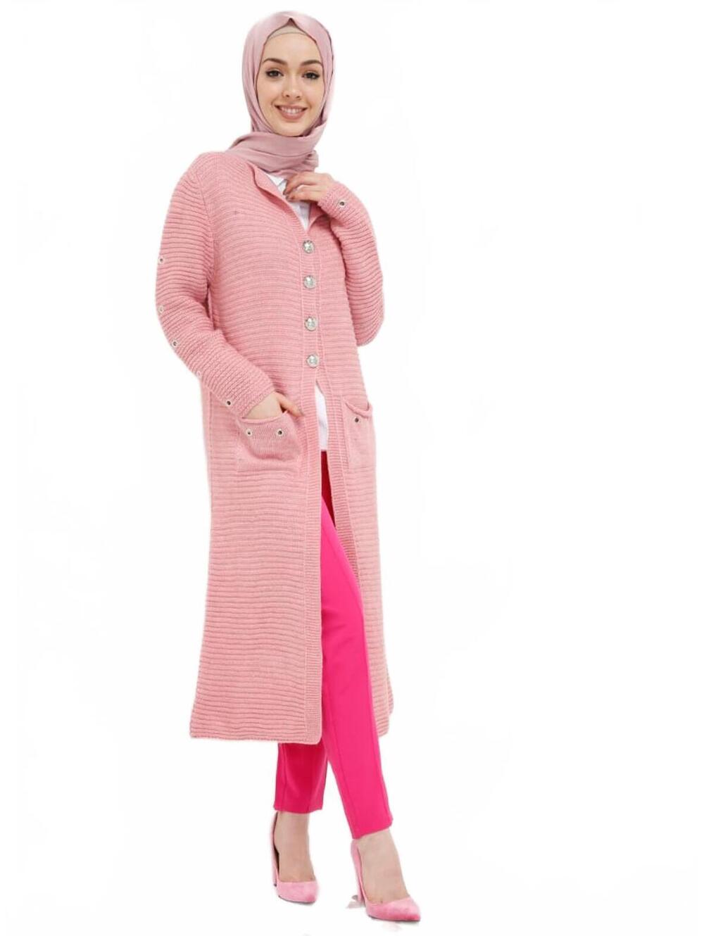 Pink Ribbed Knit Long Cardigan Duster with Pockets, Size - 4